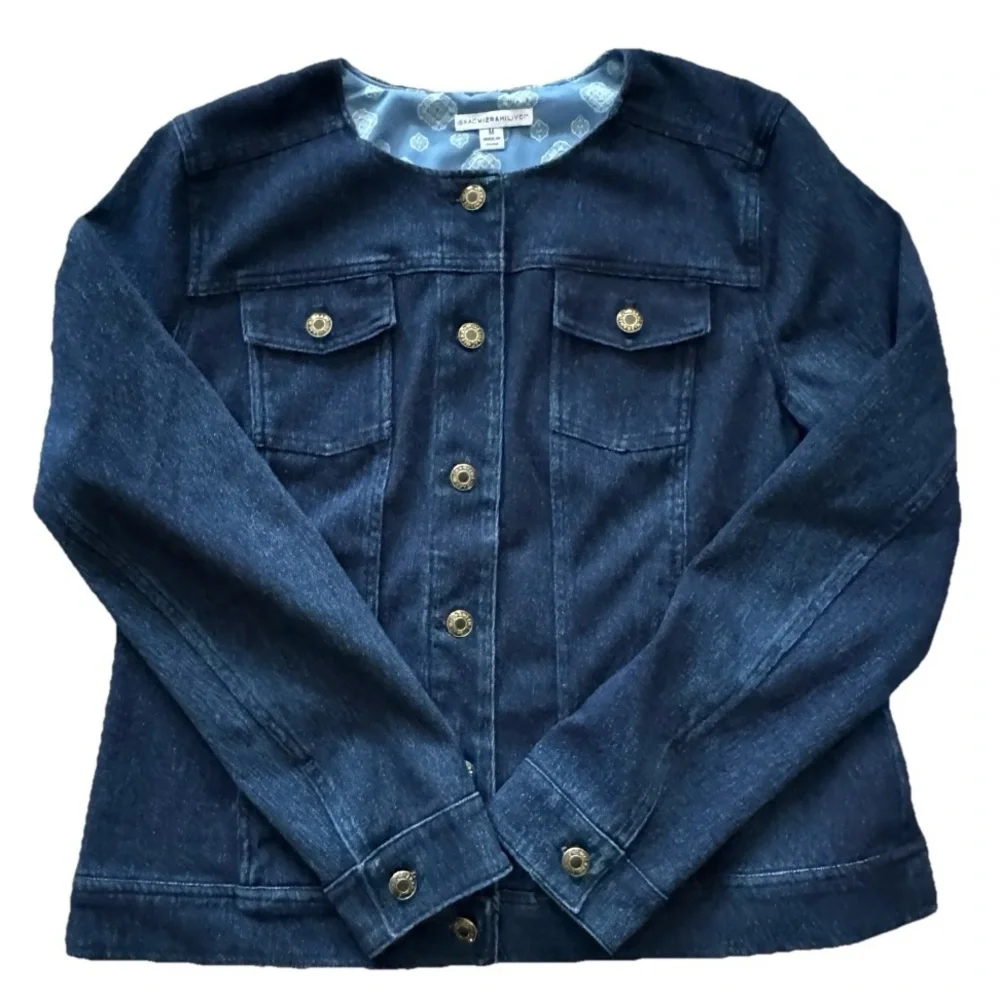 Isaac Mizrahi Denim Jacket M Blue Collarless Dark Wash Trucker Style